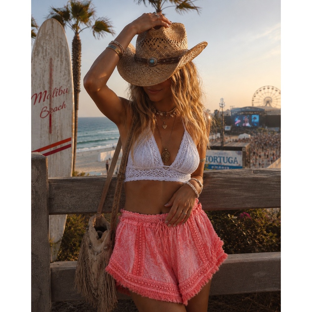 Victorias Secret Pink Crochet Fringe Dolphin Shorts Boho Beach Festival Size M